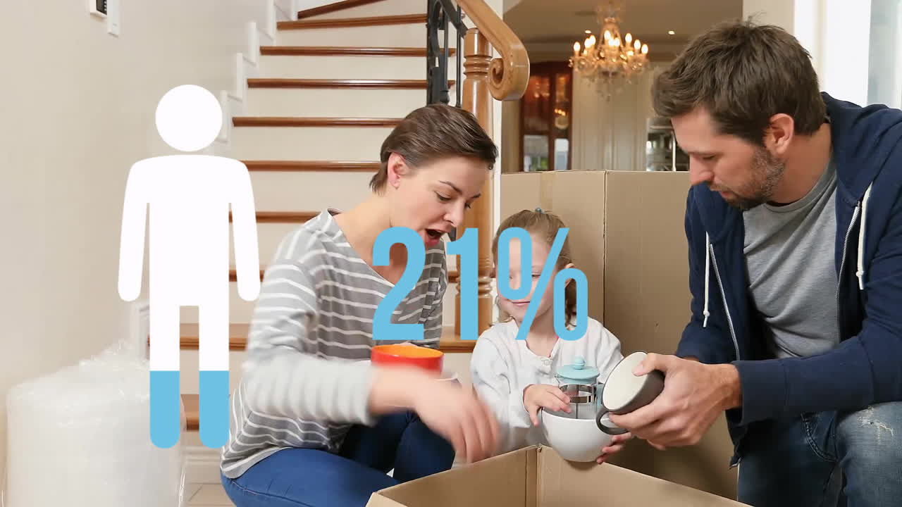 animación de la figura del hombre azul y el porcentaje sobre la pareja caucásica con cajas que se mudan a un nuevo hogar