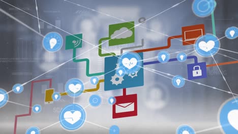 animation of network of digital icons over interface with data processing against server room