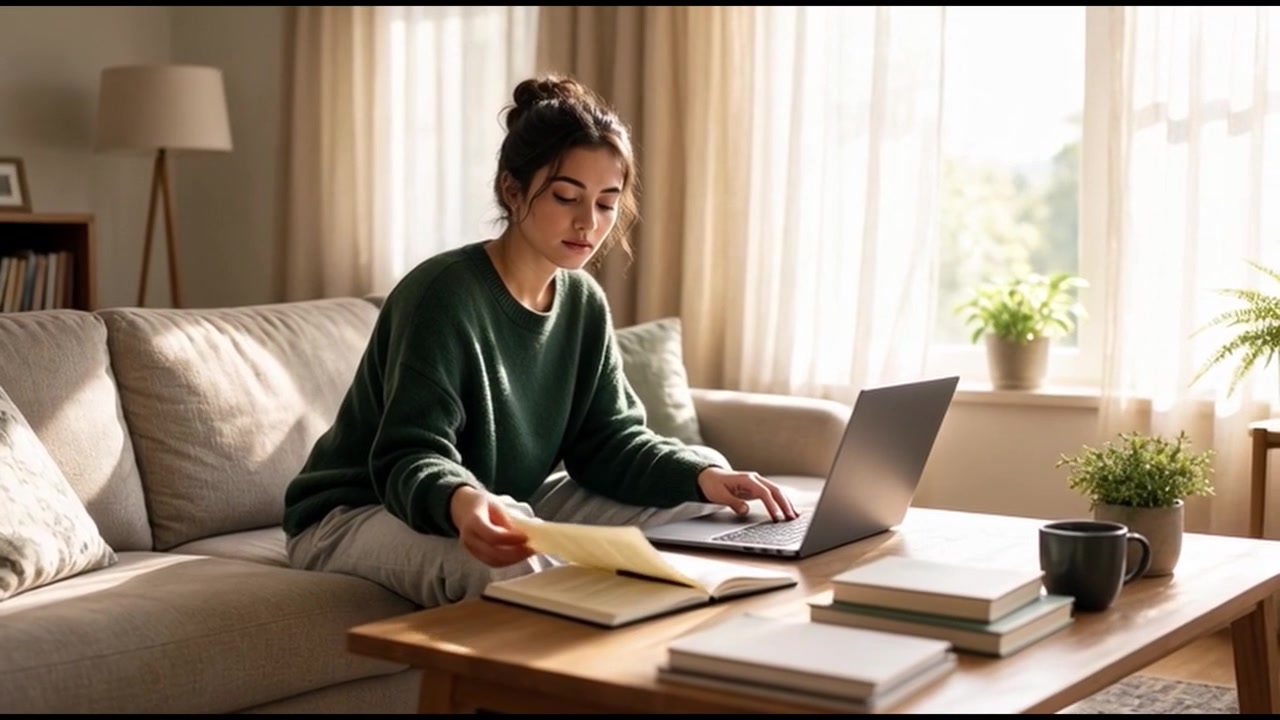 Young Woman Working on Laptop and Reading Book in Cozy Living Room