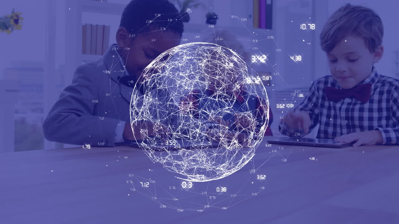 animación de puntos conectados que forman un globo con números sobre diversos niños usando tableta digital.