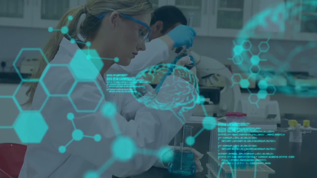 animación del procesamiento de datos científicos sobre diversos científicos en el laboratorio