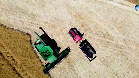 a captivating, slow-revolving drone shot elegantly captures the synergy of a combine harvester and tractor as they work harmoniously in the agricultural field