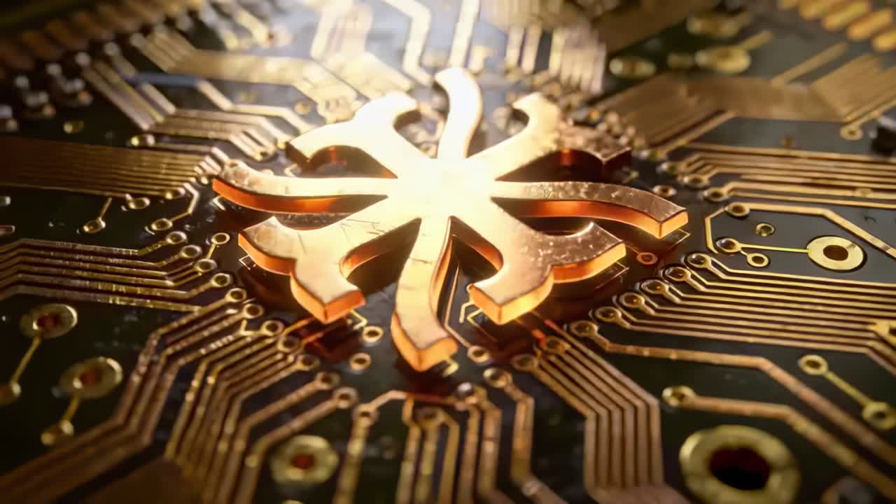 Kamera trækker sig tilbage og roterer omkring et hævet metalemblem på et printkort, retningsbestemt lys afslører spor