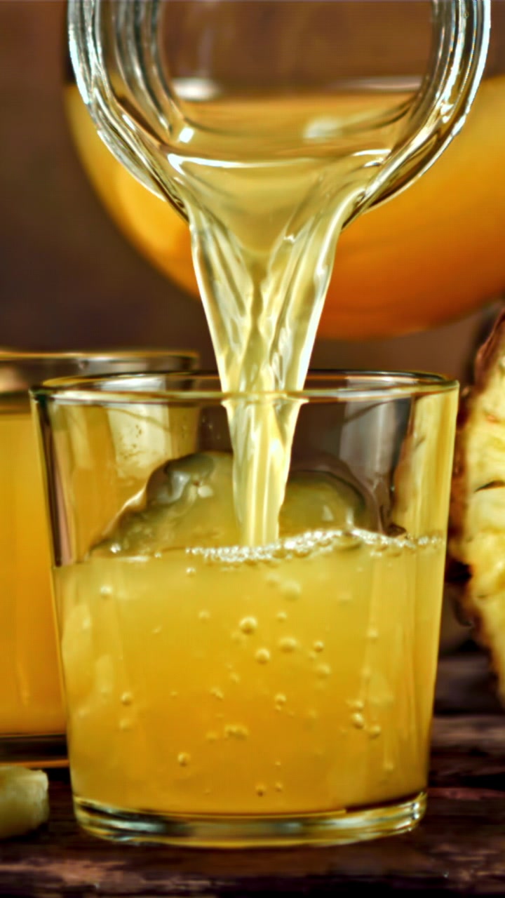 Succo d'ananas rinfrescante versato in un bicchiere con ghiaccio