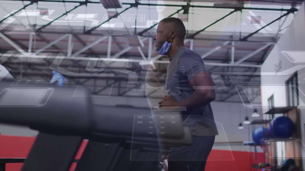 Stepping onto treadmill belt, gym member jogging while pulsing digital rings monitoring performance