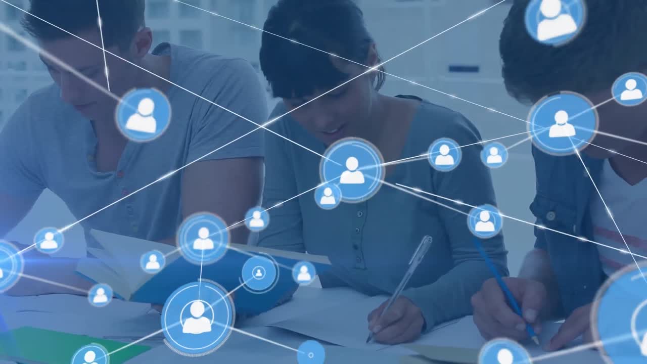 다양한 학생들에 대한 아이콘과의 연결 네트워크의 애니메이션