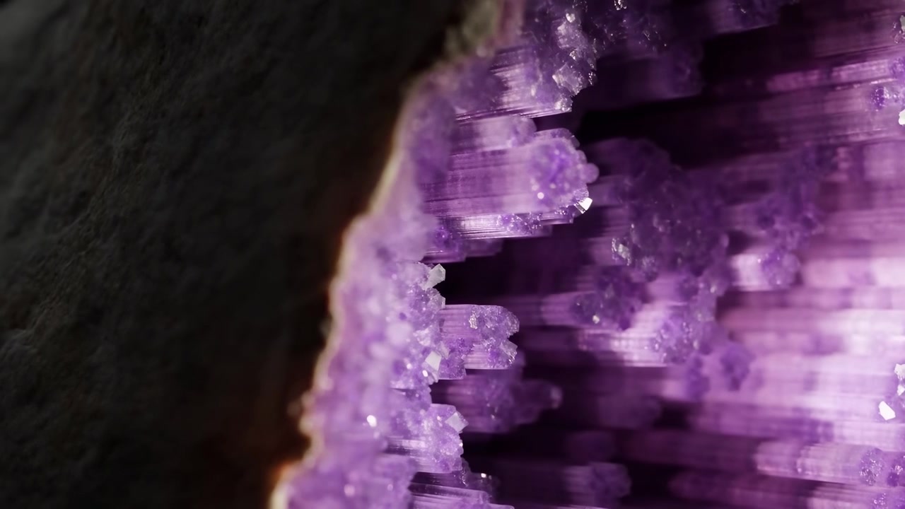 Um quadro inicial mostra uma caverna de rocha escura abrindo para um interior de cristal roxo vibrante com paredes ásperas, facetas afiadas e um brilho mineral sob luz de fundo.