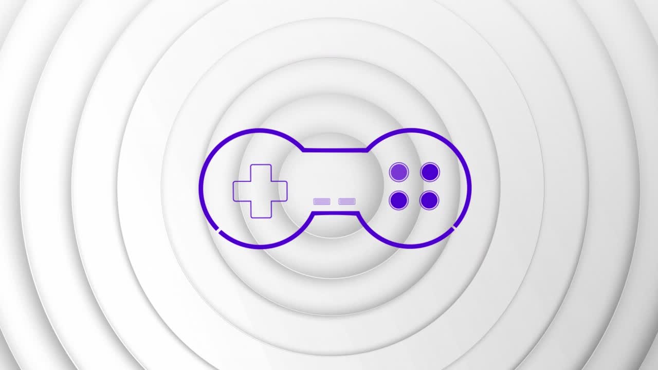 Animation of neon game pad over geometrical shapes on white background