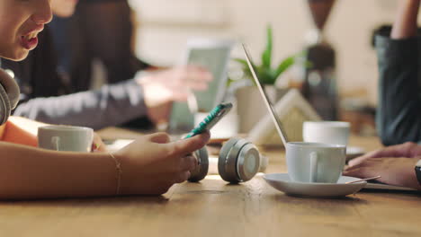 woman, phone and hands in startup while worker use