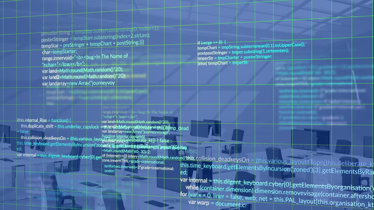 파란색 배경에 3d 사무실 모델에 대한 그리드 네트워크를 통해 데이터 처리의 애니메이션