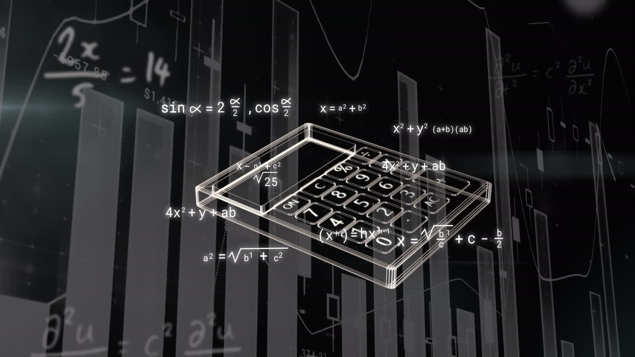 Animation of calculator and financial data processing over black background