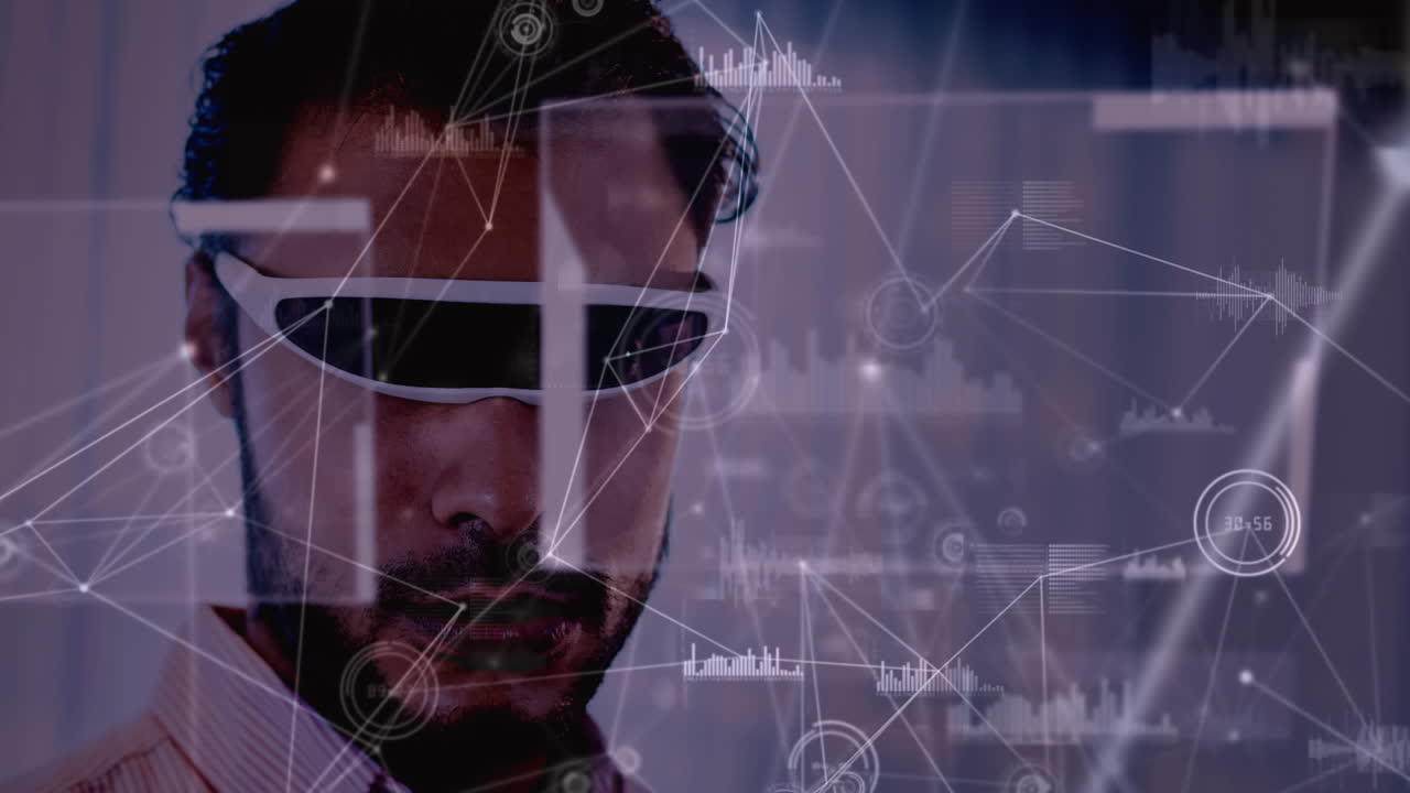 Animation of network of connections over businessman wearing vr headset