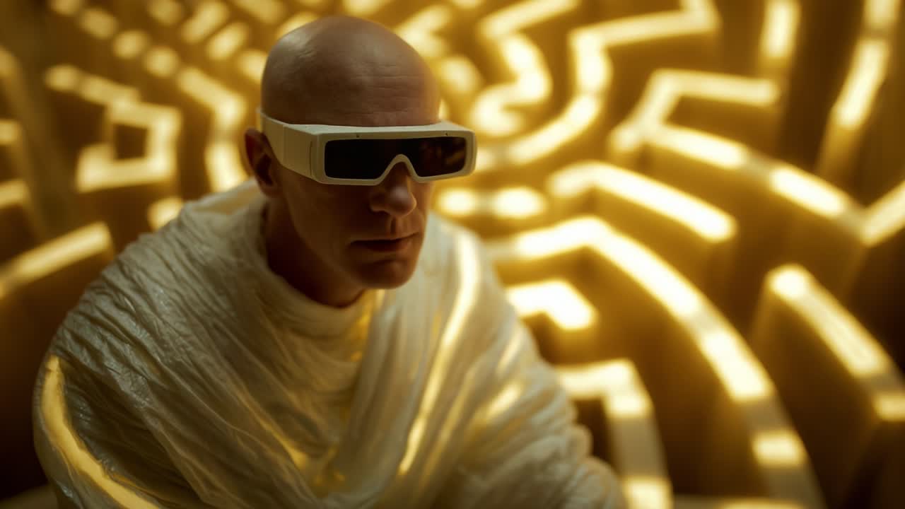 A futuristic figure with a bald head and distinctive glasses sits in a glowing stylized environment, shrouded in a billowy fabric cloak, creating an atmosphere of mystery and technological advancement