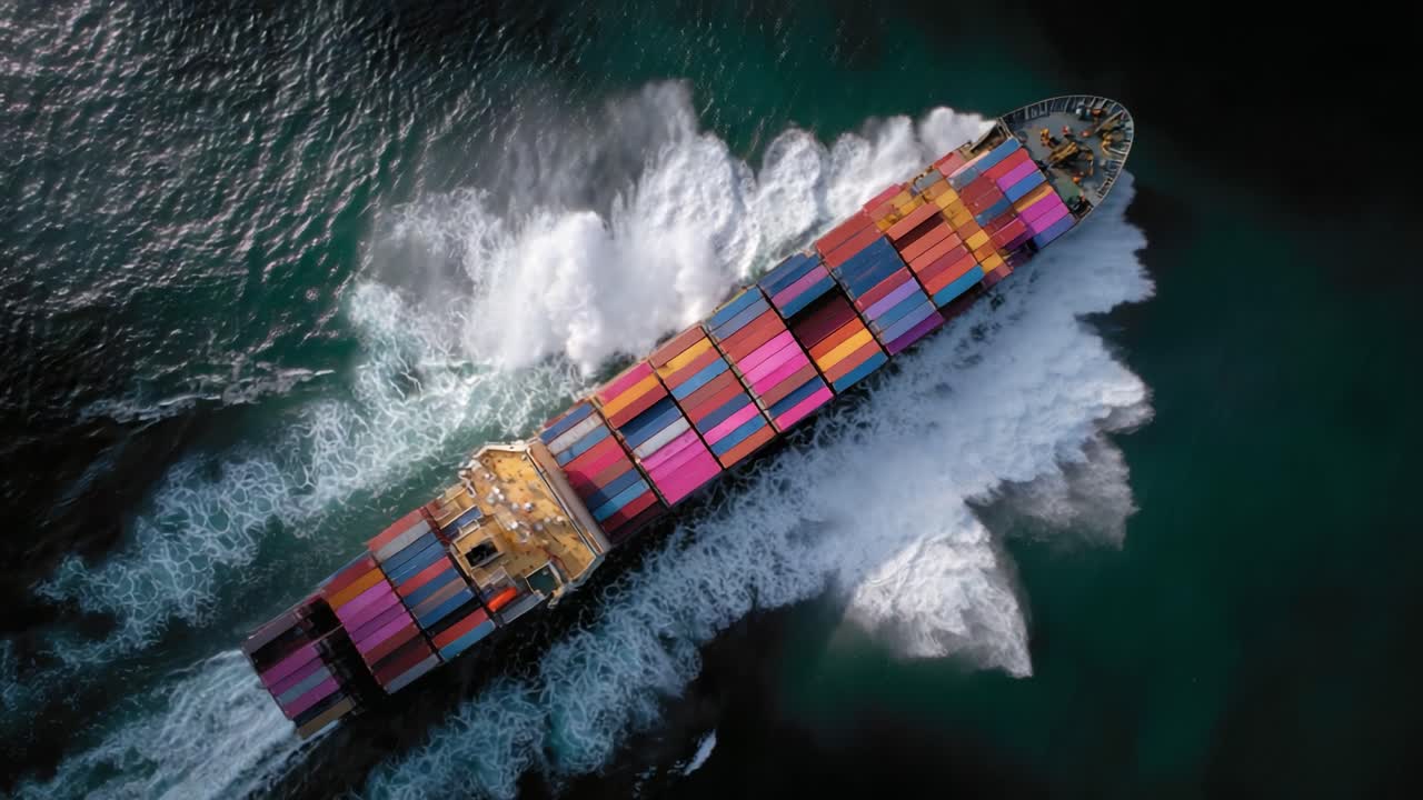 Aerial View of a Vibrant Container Ship Navigating Through Turbulent Waters, Showcasing Colorful Cargo in Dynamic Maritime Transport