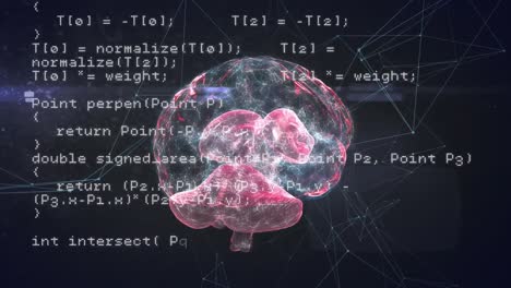animación del procesamiento de datos y la red de conexiones contra el icono del cerebro humano giratorio