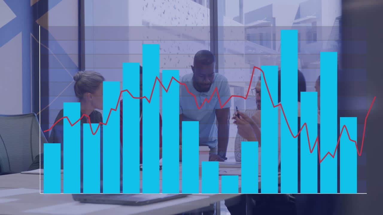 Analyzing data with bar and line graph overlay, business team in office
