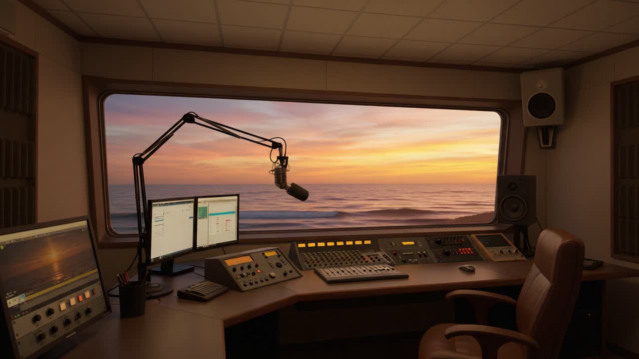 Tranquil Radio Studio Overlooking Serene Sunset: A Captivating Setting for Creative Broadcasts and Music Production