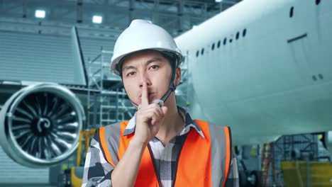 primer plano de un ingeniero masculino asiático con casco de seguridad haciendo un gesto de silencio mientras está de pie con el avión en el hangar