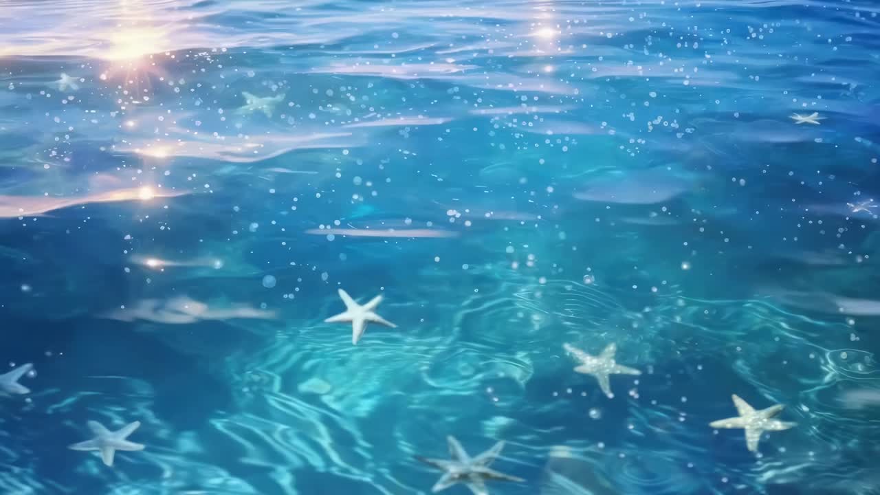 Aerial video of serene ocean surface with gentle waves and starfish