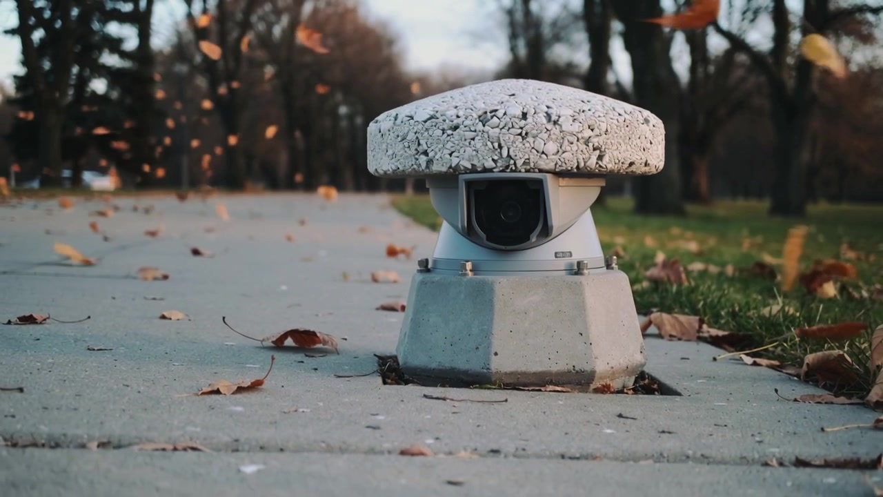 Gusts blowing leaves across park walkway, bollard camera housing rotating and revealing lens