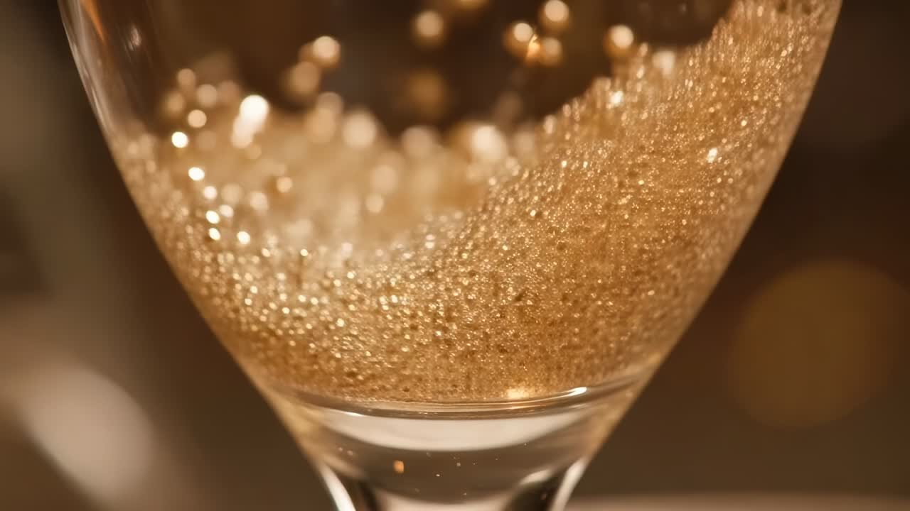 Partendo dai punti seed, liquido dorato nel flûte che forma colonne di bolle ascendenti, rilasciando CO2 al bar
