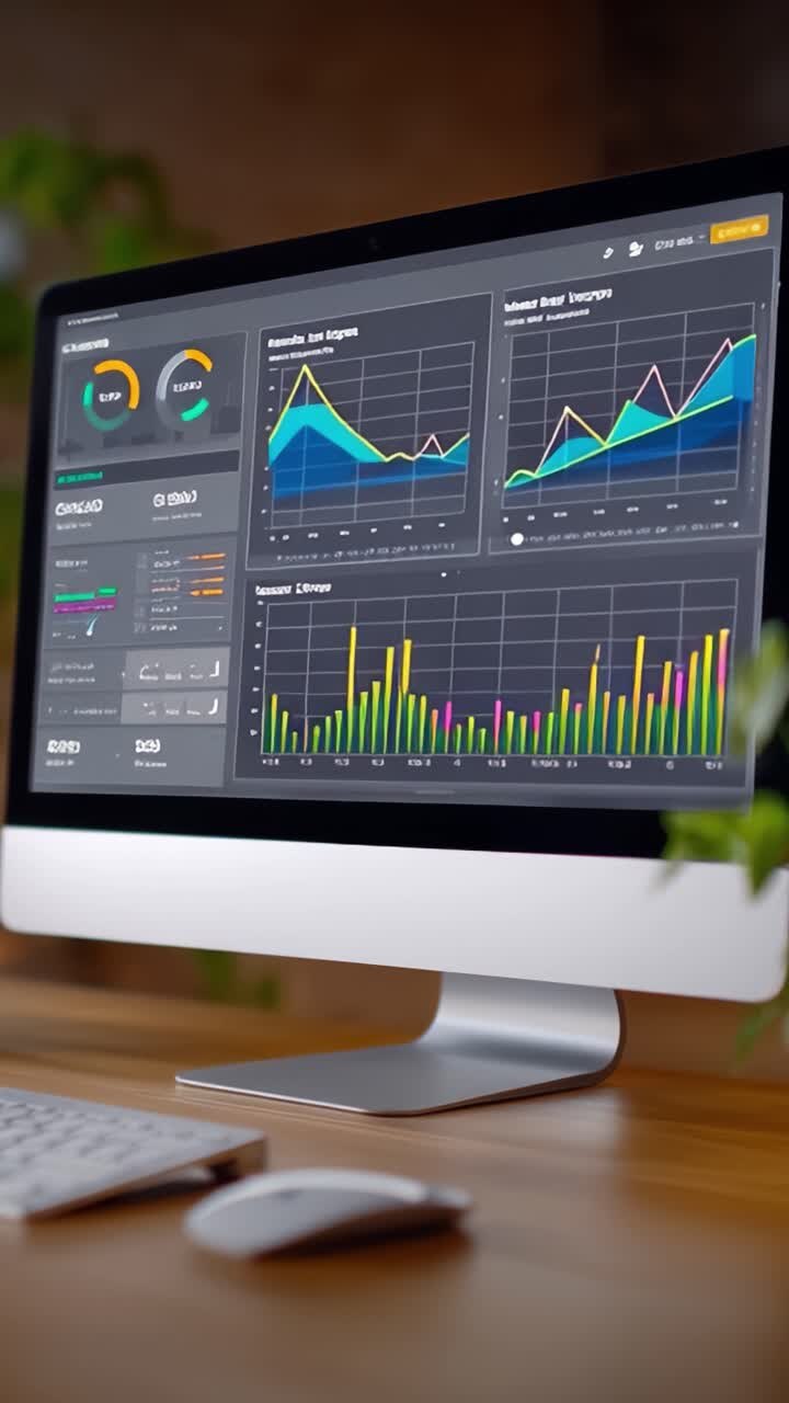 Dynamisk datavisualisering: Analyse av trender og målinger gjennom grafiske fremstillinger på en stilig dataskjerm i et moderne arbeidsmiljø
