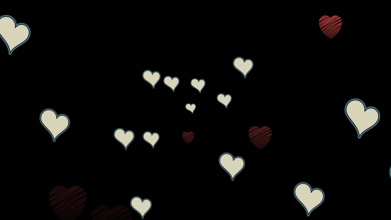 검은색 배경 위에 떠다니는  ⁇ 색과 빨간색 심장의 애니메이션