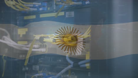 animation of waving argentina flag against close up of a computer server