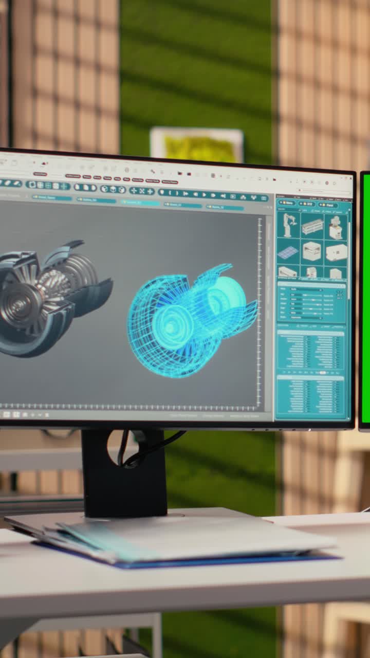 Renewable energy engineer works on wind turbine using green screen computer