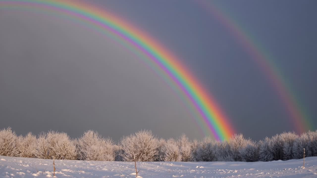 Wide-angle video captures a vibrant rainbow over a snowy landscape, with frosted trees under a moody