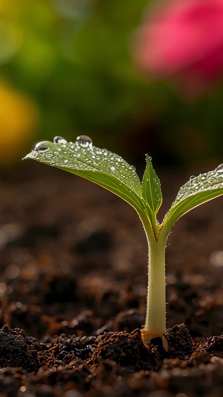 Video verticale: Singola piantina verde che cresce a livello del terreno dopo l'annaffiatura, con goccioline che catturano la luce