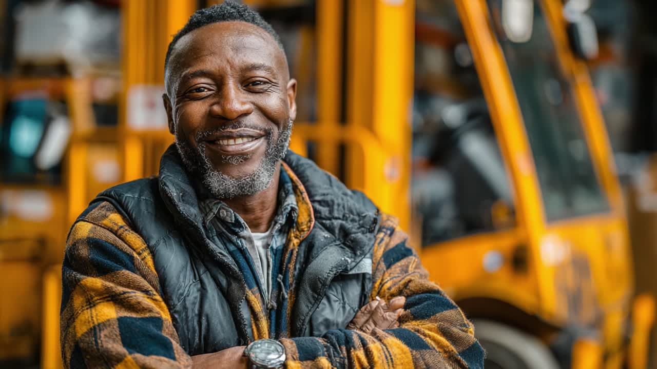 A Smiling Man in a Flannel Shirt and Vest Poses Confidently with Crossed Arms, Set Against a Background of Industrial Equipment