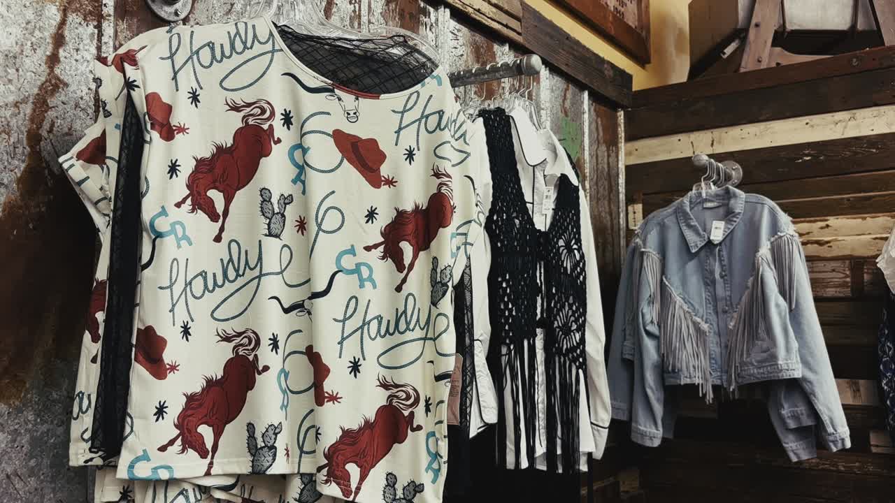 Rustic store display featuring a western graphic shirt, black crochet vest, and fringe denim jacket
