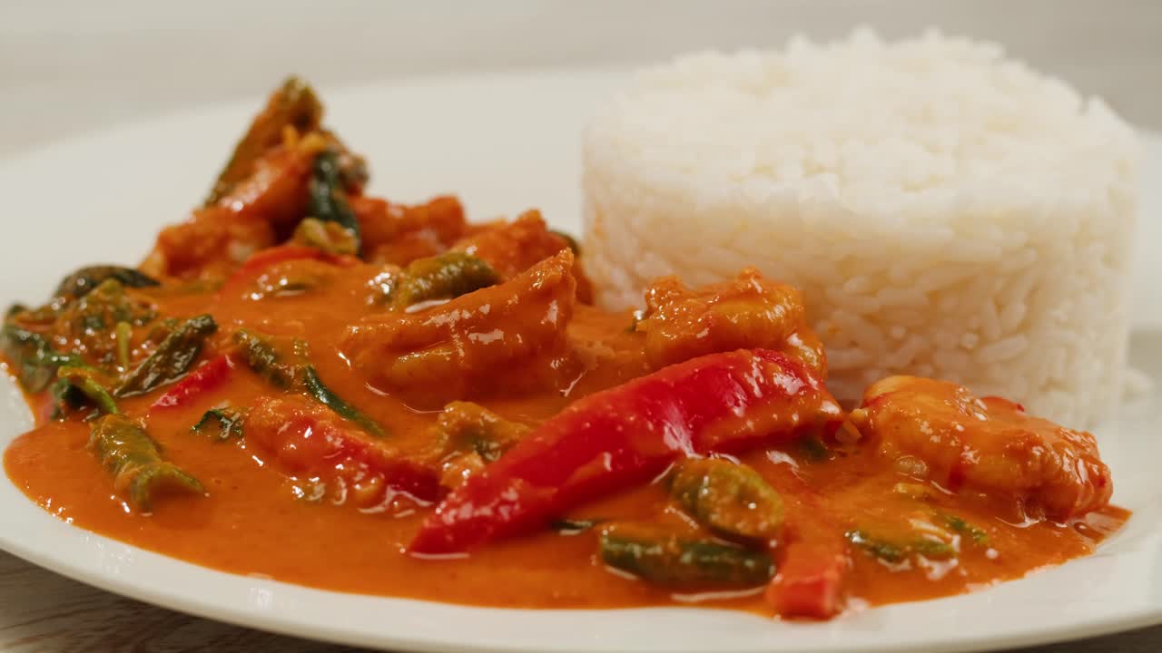 Curry rosso di gamberi al tamarindo, gamberi in salsa di pomodoro e zenzero, cucina asiatica, ristorante cinese.