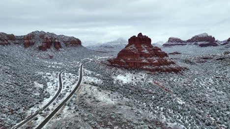 sedona arizona in the snow - aerial view of red rocks