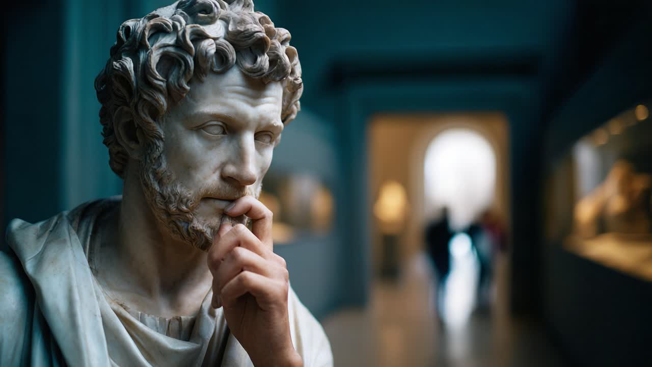 Una profonda scultura di pensiero: una replica classica in marmo raffigurante una figura introspettiva in un ambiente museale con visitatori sfocati sullo sfondo.