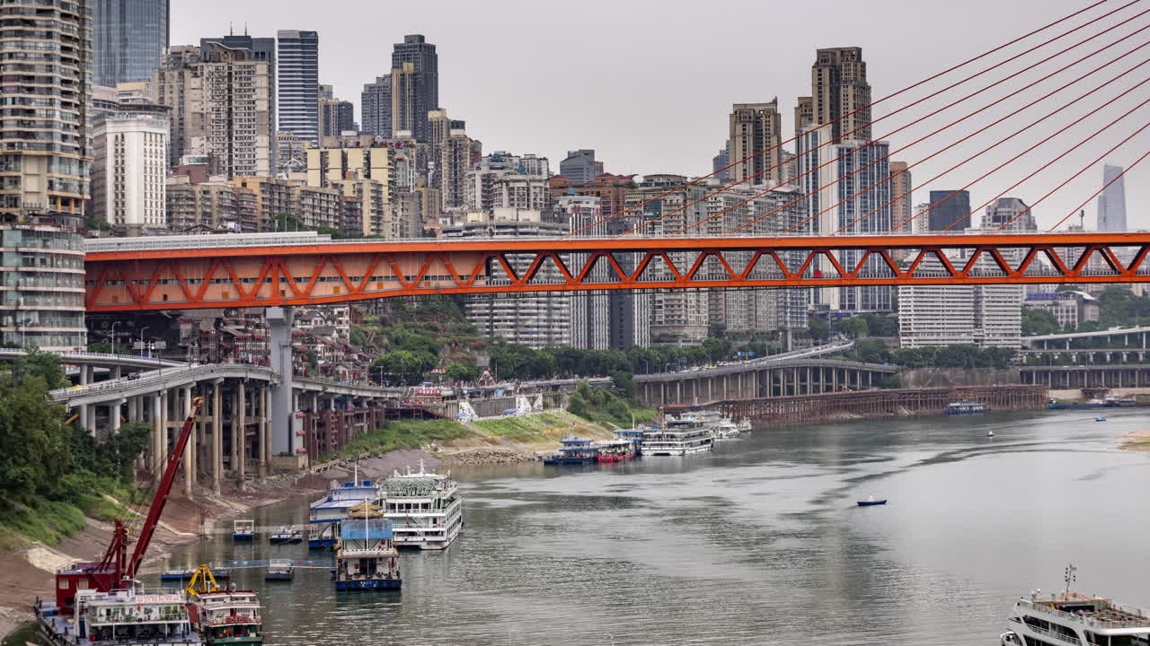 Timelapse of the amazing Chongqing cyberpunk city skyline with the yangtze river and traditional building