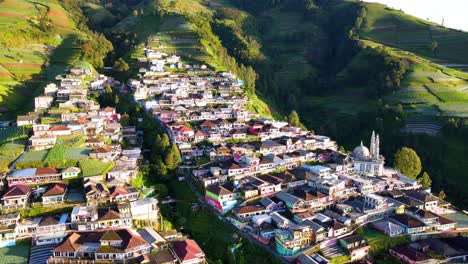 Aerial-epic-4K-view-of-Butuh-Nepal-Van-Java-rural-village-in-the-slope-of-Mount-Sumbing,-Indonesia