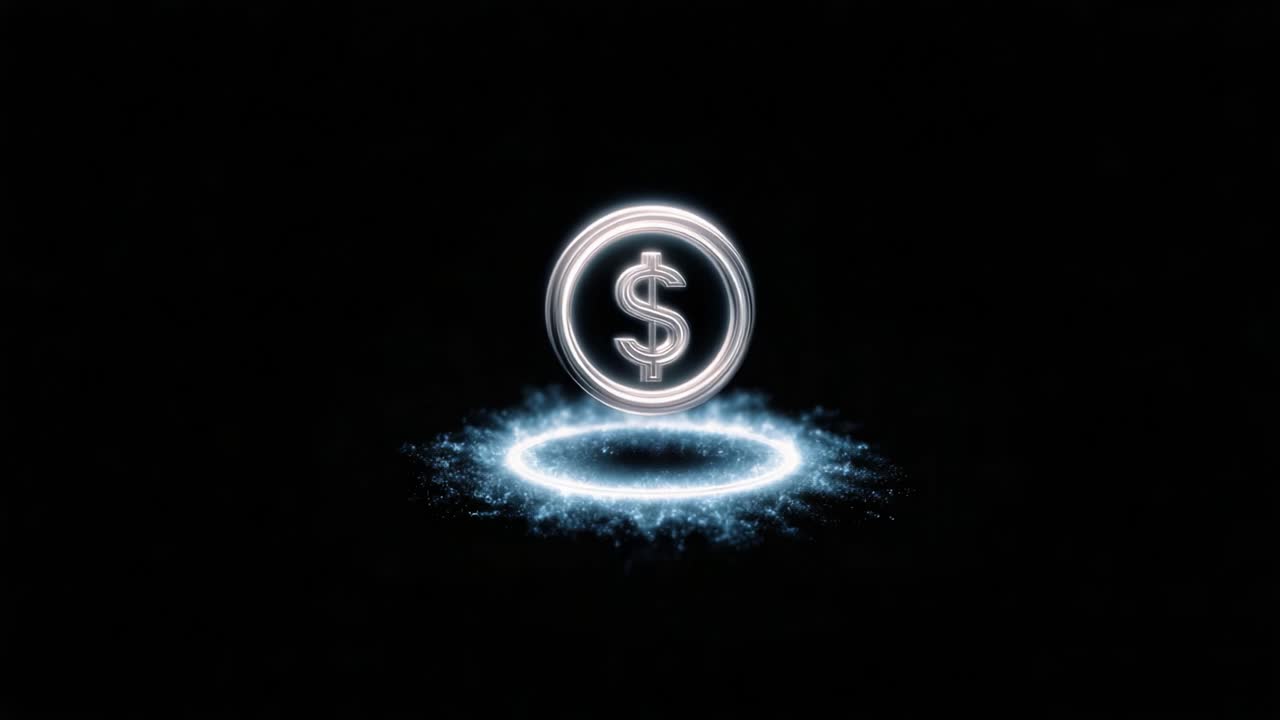 通貨の成長をダイナミックに表現：光り輝くオーラに囲まれた浮遊するドル記号は、経済的な繁栄とエネルギーを示しています。