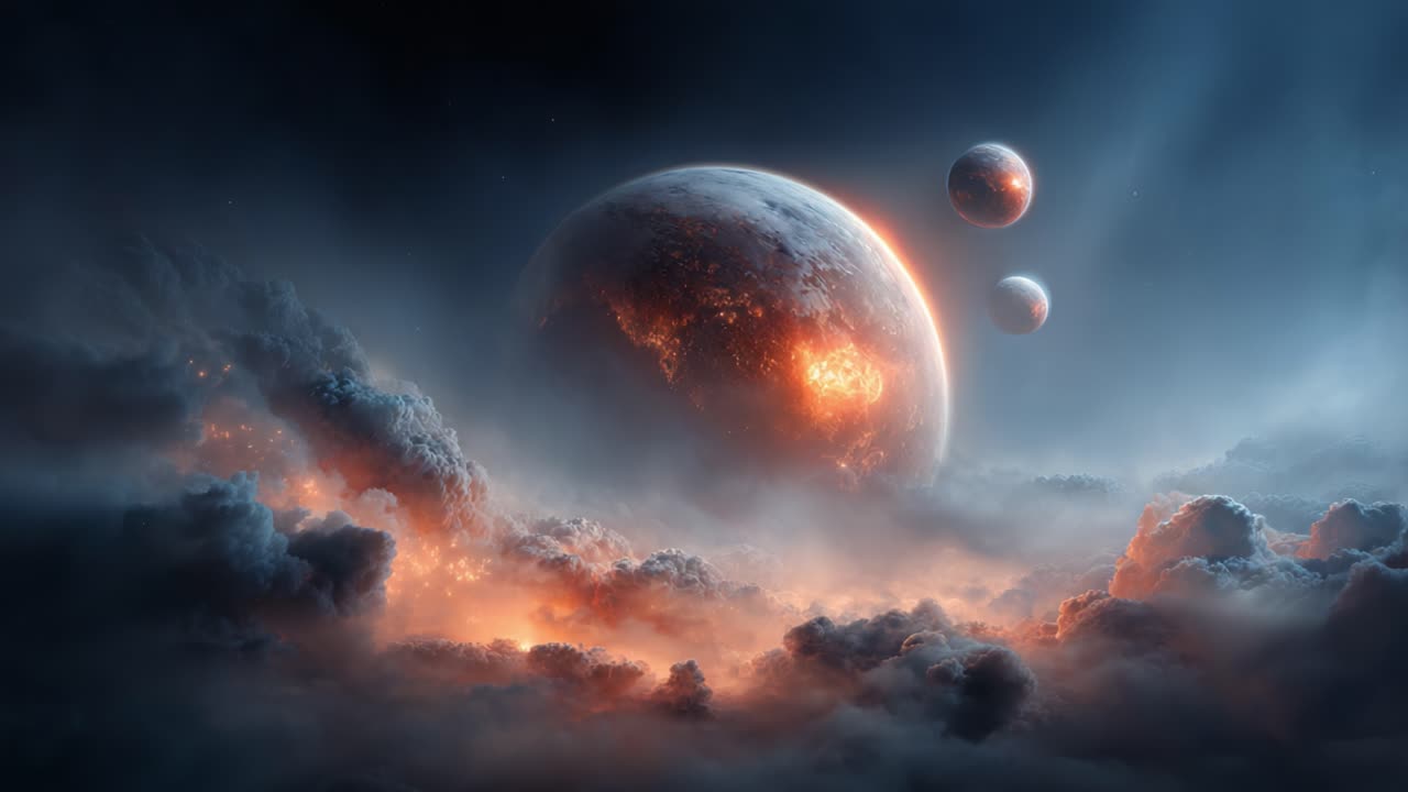 A breathtaking cosmic vista showcasing a fiery planet surrounded by two smaller celestial bodies and vibrant clouds, illustrating the grandeur of the universe in motion