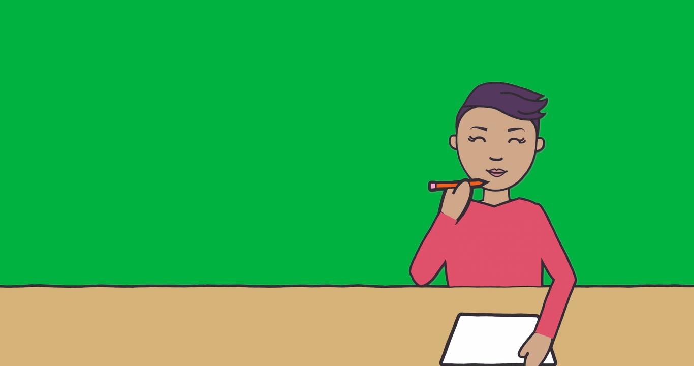 woman writing with pencil on blank sheet at desk with education graphic on transparent background