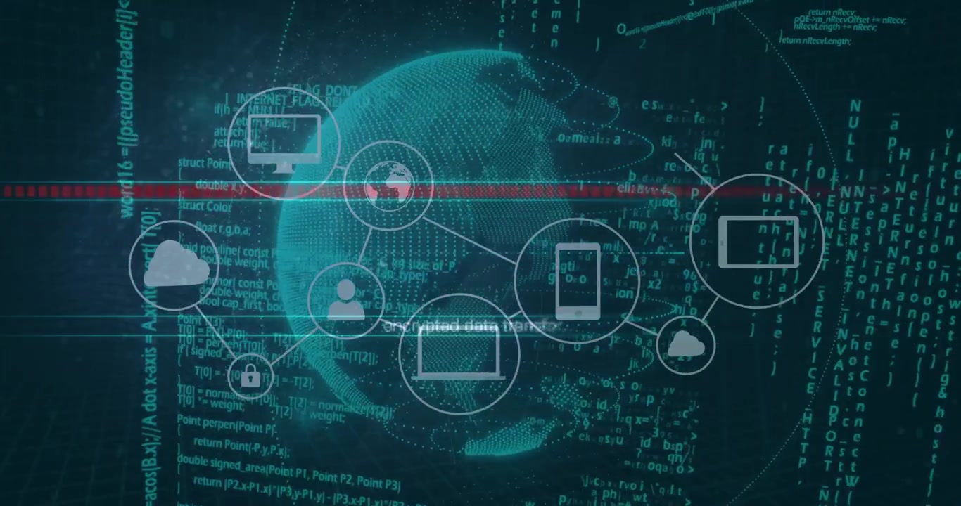 Rotating globe receiving cloud icon then linking padlock user nodes, eight icons forming network