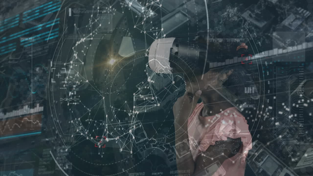 vr 헤드 ⁇ 을 착용한 소녀에 대한 스 ⁇  스캐닝과 데이터 처리 애니메이션