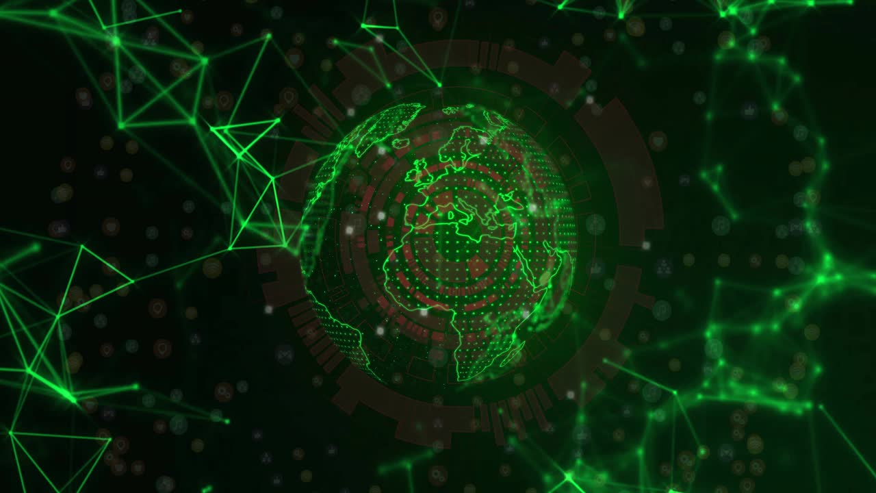 Dark green field sparking dust, holo globe forming center, rings pulsing, mapping global network