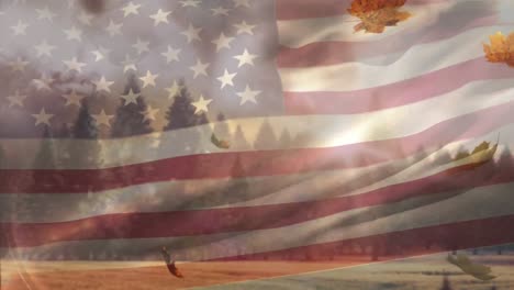 Animation-of-american-flag-and-leaves-falling