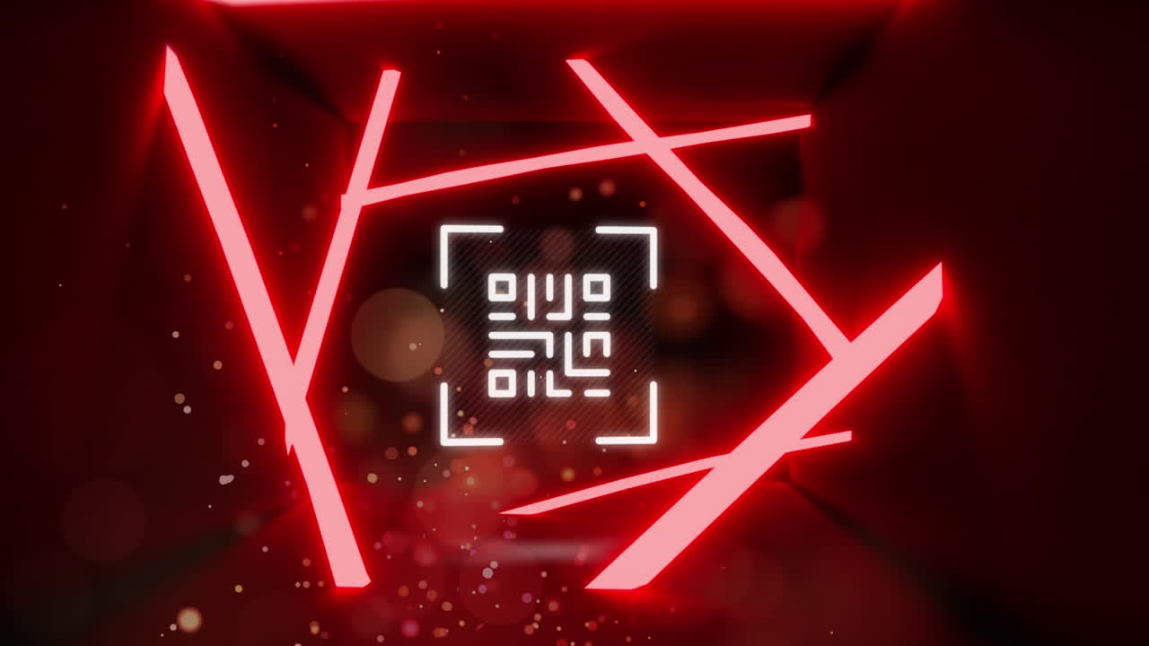 QR code scanner with neon elements against sparks of lights