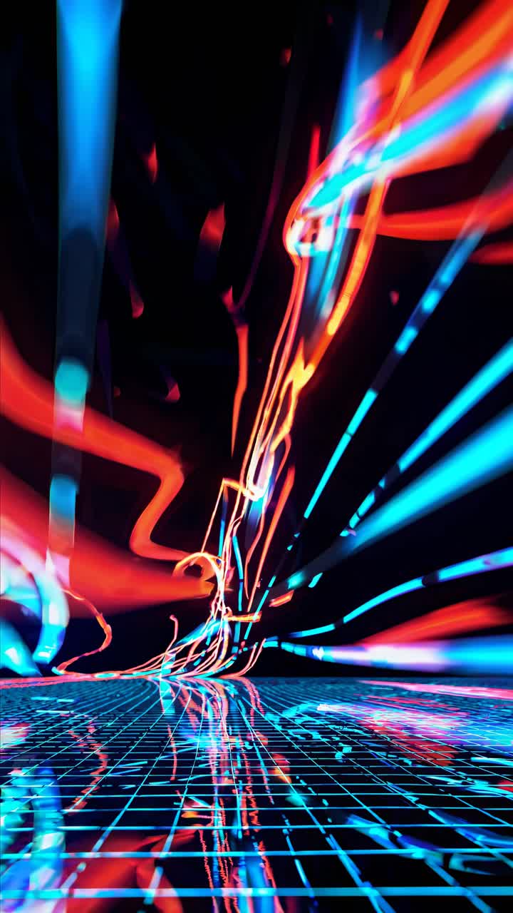 Dynamický, futuristický video koncept s neonovými světelnými linkami a mřížkovou podlahou, zachycený z nízkého úhlu.