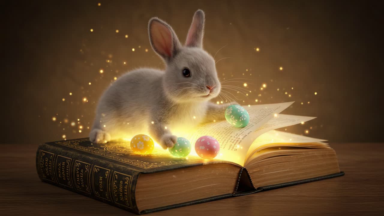 A Whimsical Fantasy Scene Featuring a Playful Rabbit Curiously Exploring a Magical Book While Manipulating Colorful Eggs Amidst Sparkling Lights