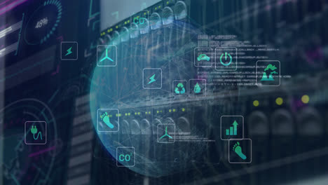 Animation-of-icons,-computer-language,-connected-lines-over-globe-against-back-panel-of-server-rack