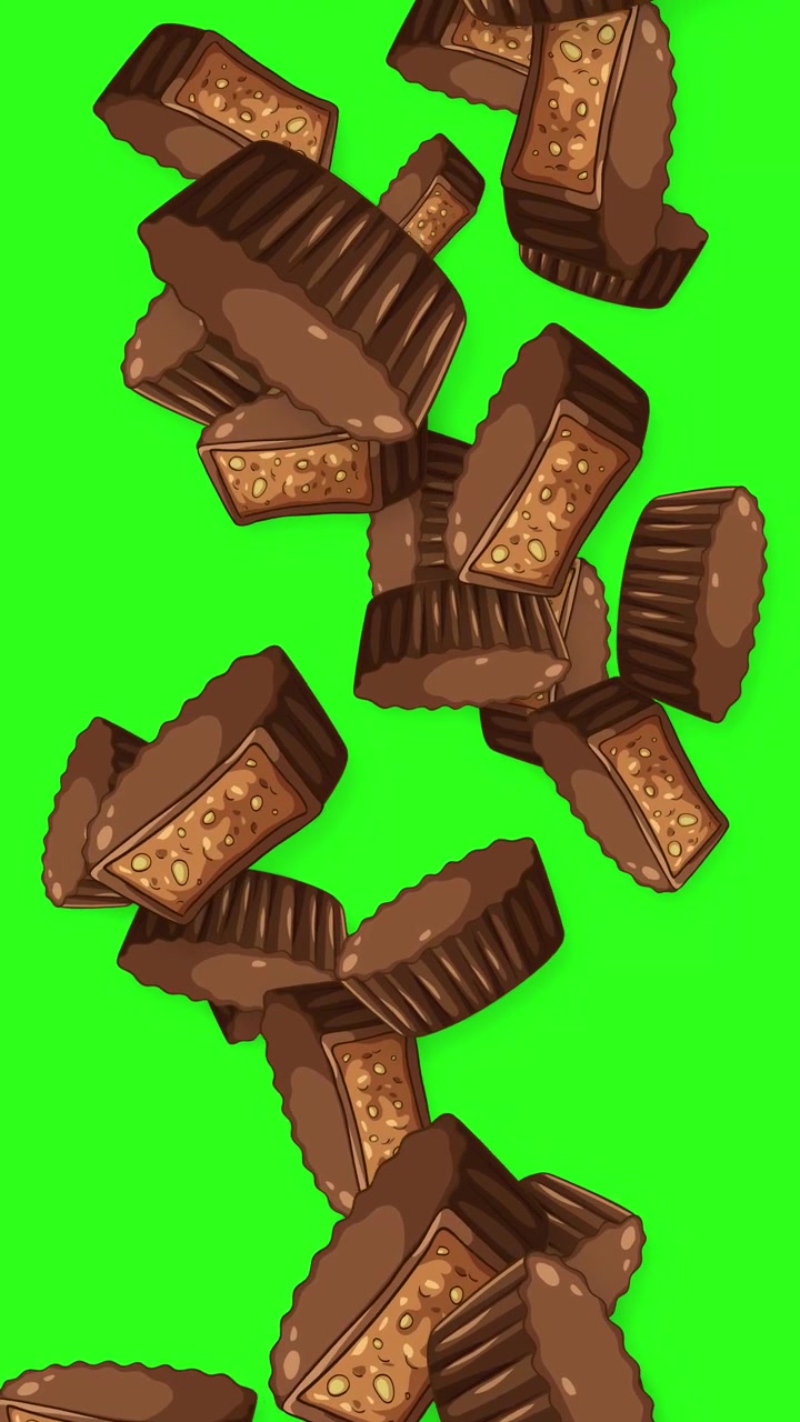 Animated chocolate candies and peanut butter cups fall vertically against a bright green screen background.